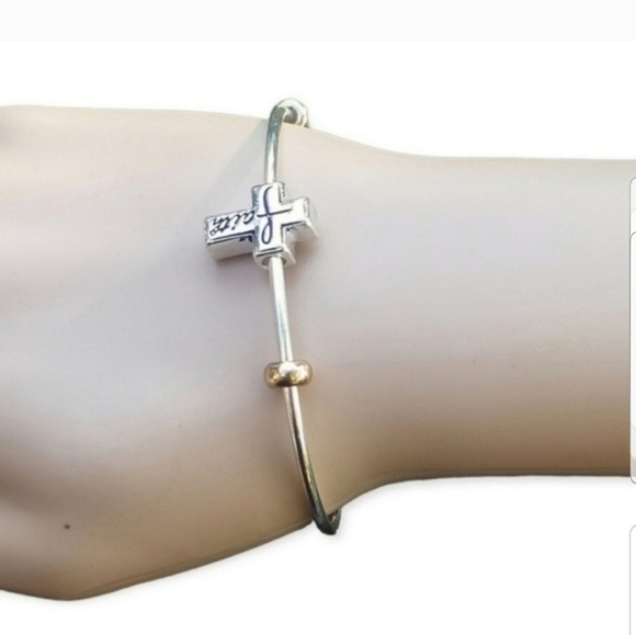 SILVERTONED FAITH CROSS CHARM SLENDER CUFF BRACELET - Picture 3 of 6